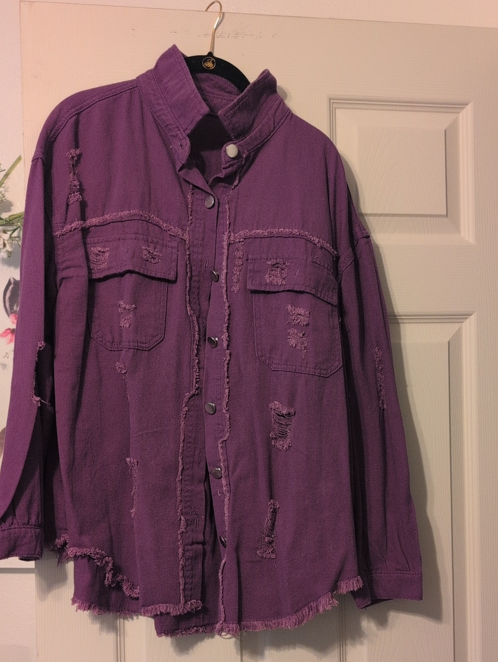 Purple Distressed Shacket - Casual Button-Up
